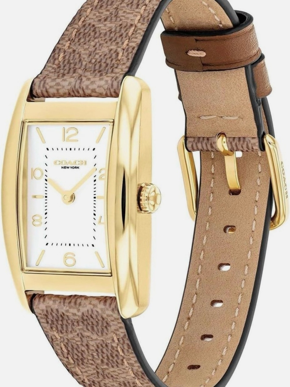 New Coach Gold-Tone Rectangular Watch with Brown Signature Strap REESE 14504355